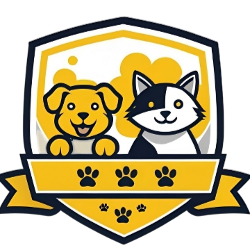 Logo with two cartoon dogs on a shield shape background